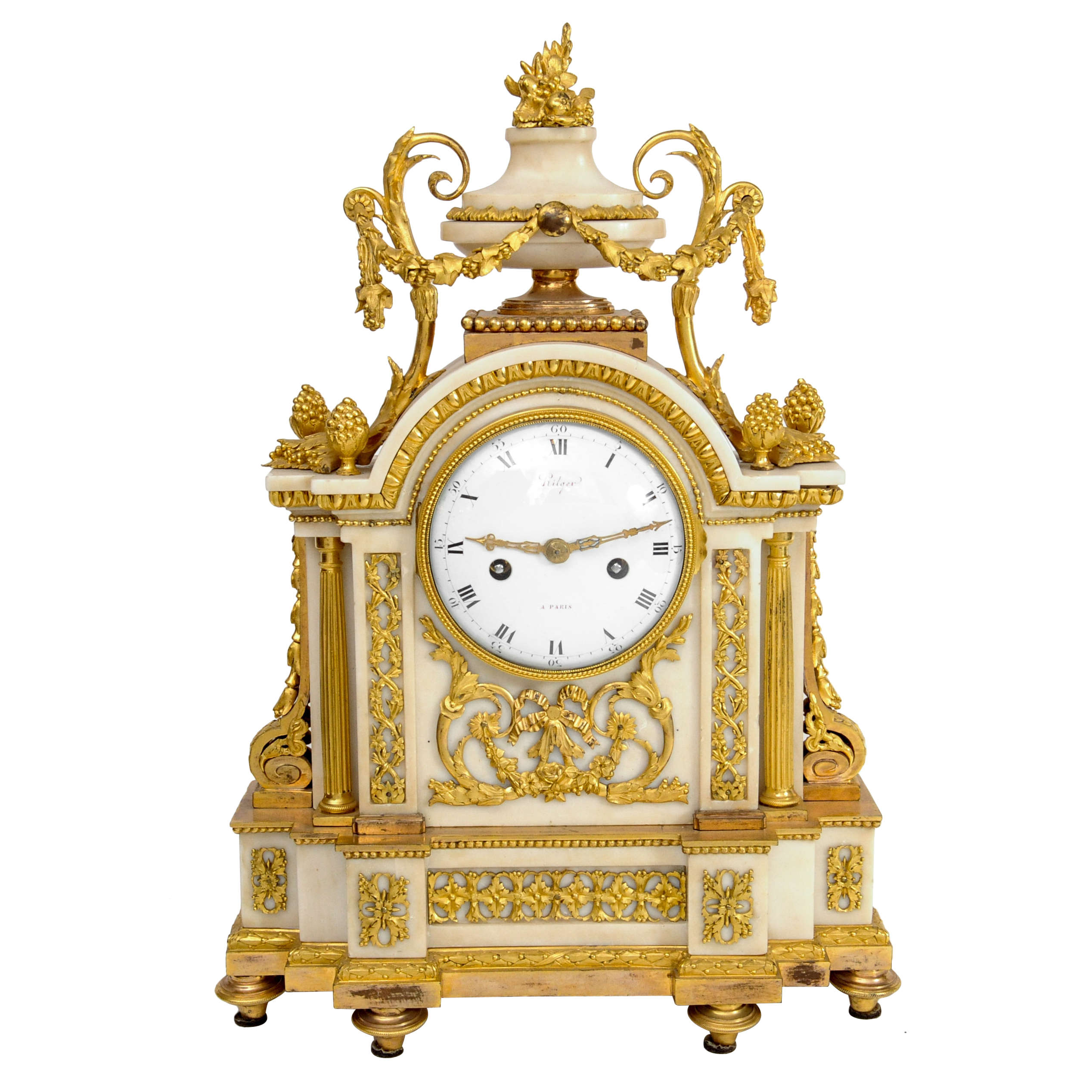 A good French Louis XVI ormolu mounted marble mantel clock 'au borne' by Hilger A Paris, circa 1780, height 52cm.